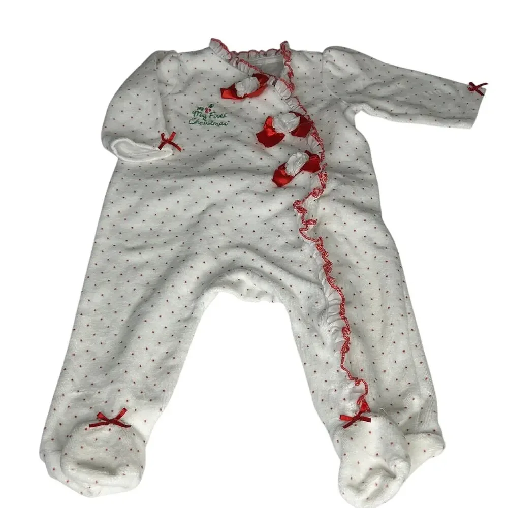 Little Me White sleeper with red polka dots My First Christmas sz 6 mth